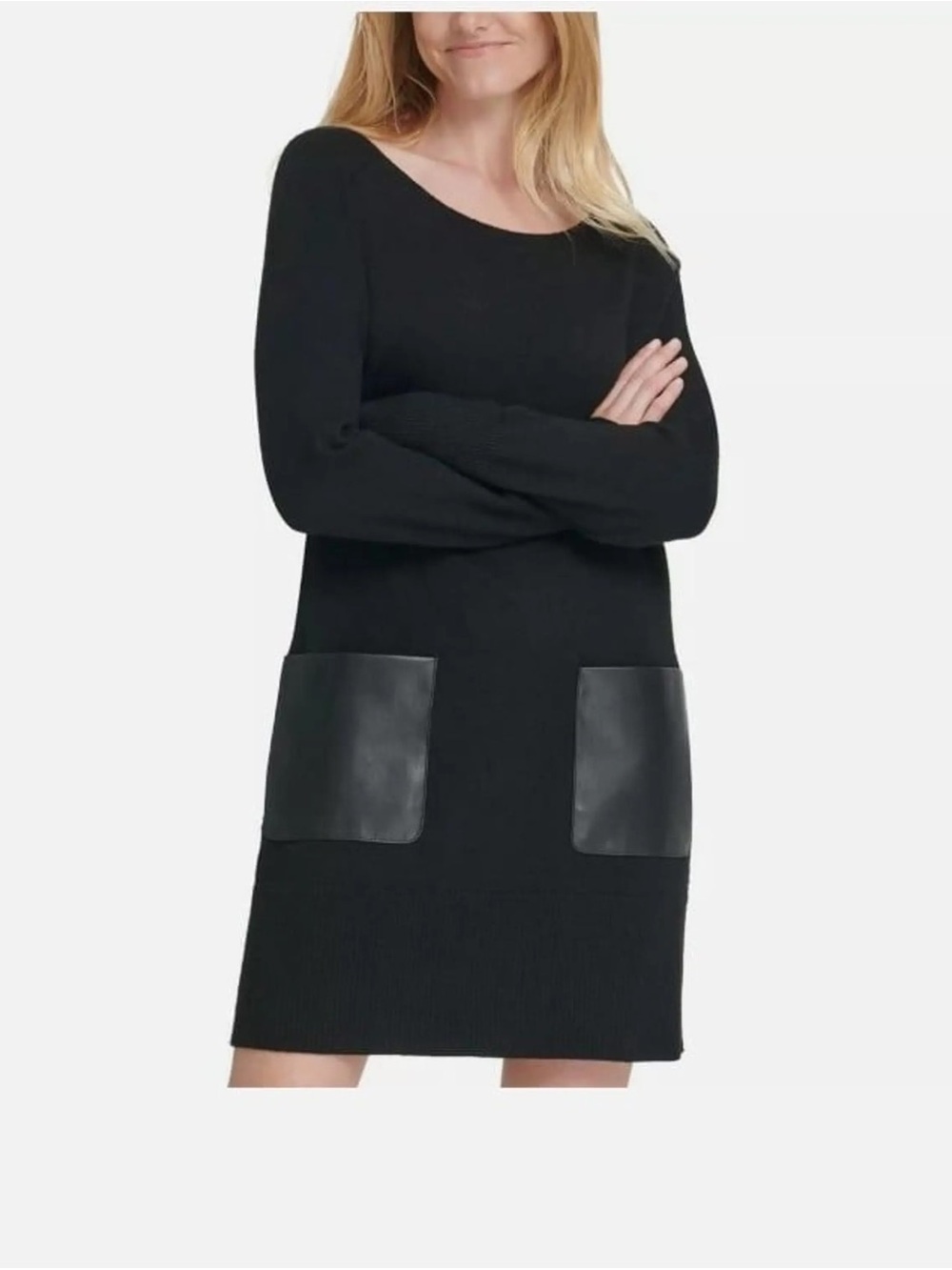Dkny Black Long Sleeve Knit Dress with Faux Leather Patch Pockets